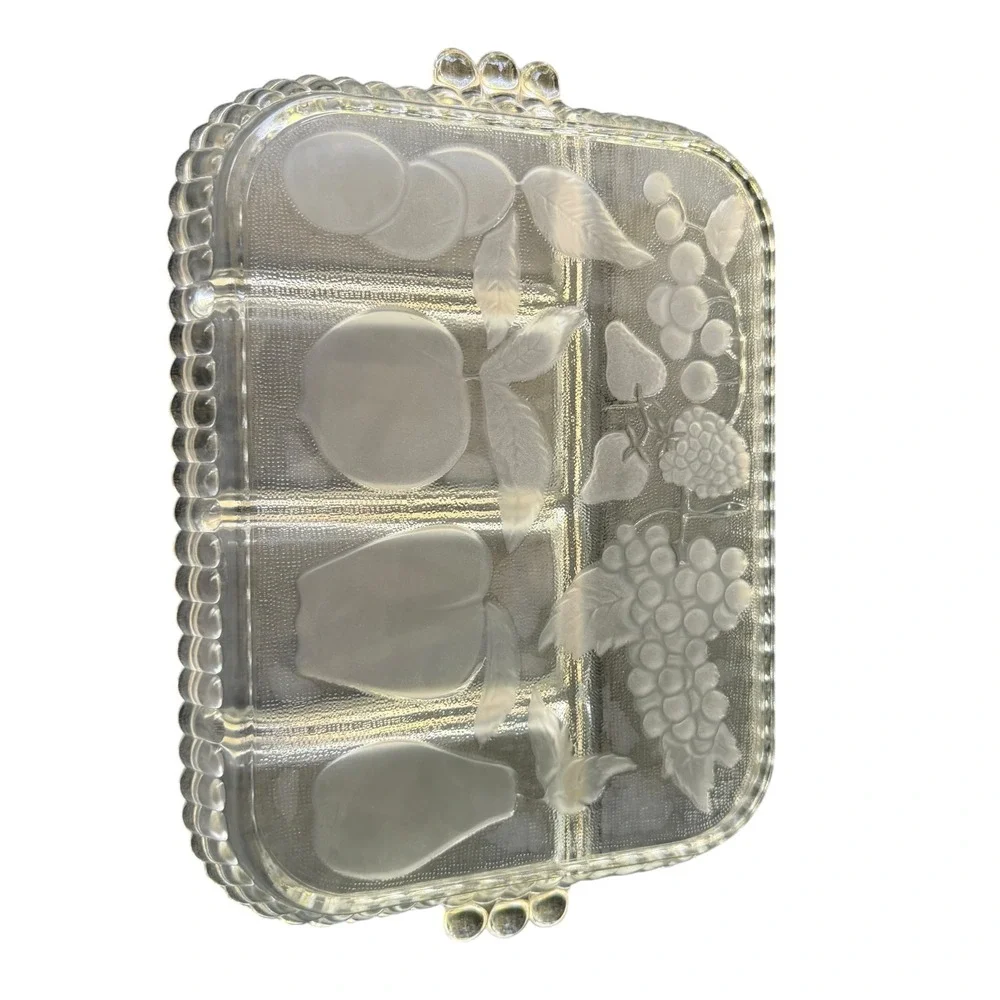 Satin Frost Relish Tray Glass 12x9 Clear Excellent 5 Compartment Fruit Embossed